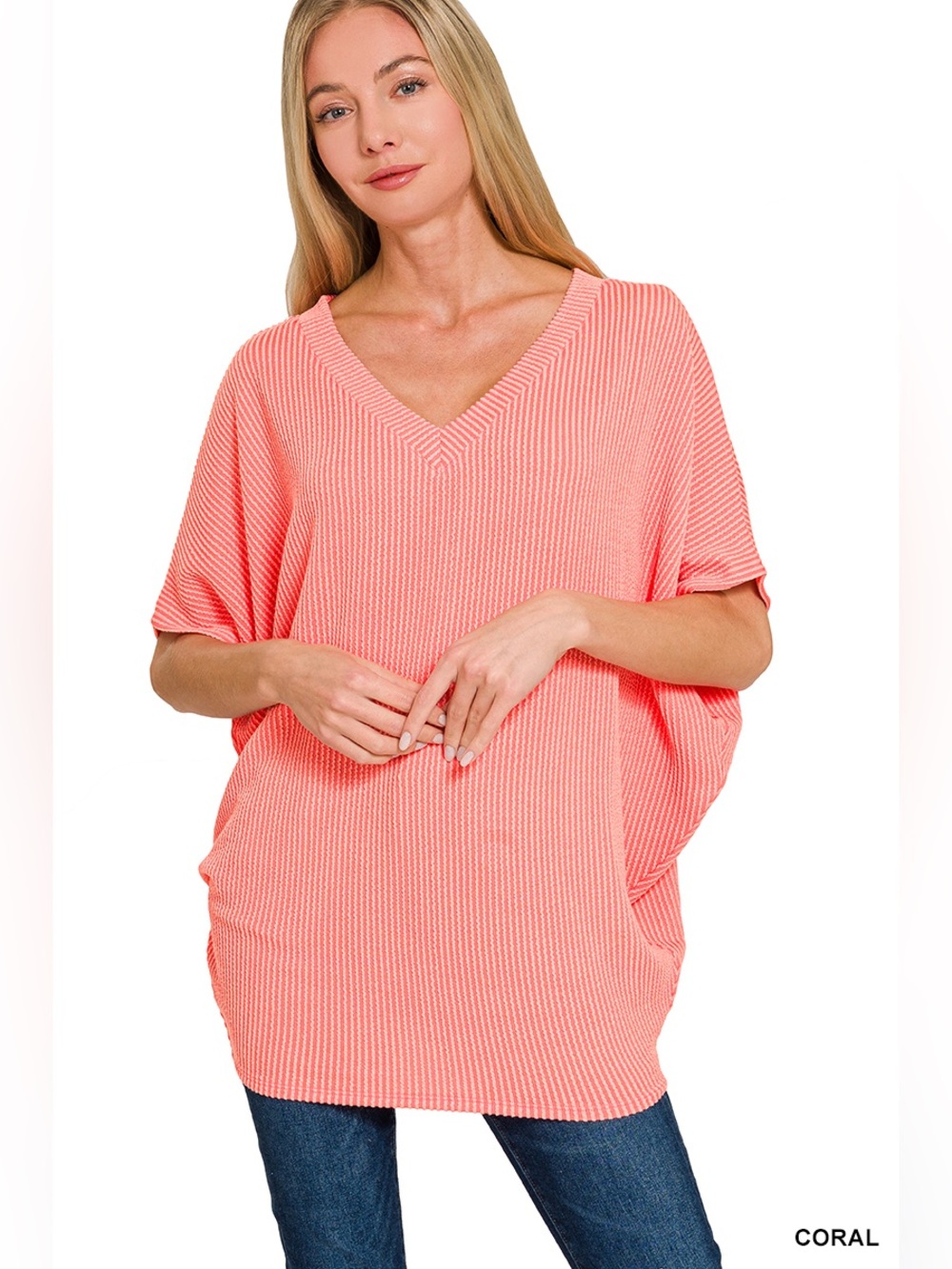 Zenana RAISED RIB V-NECK BATWING TOP
